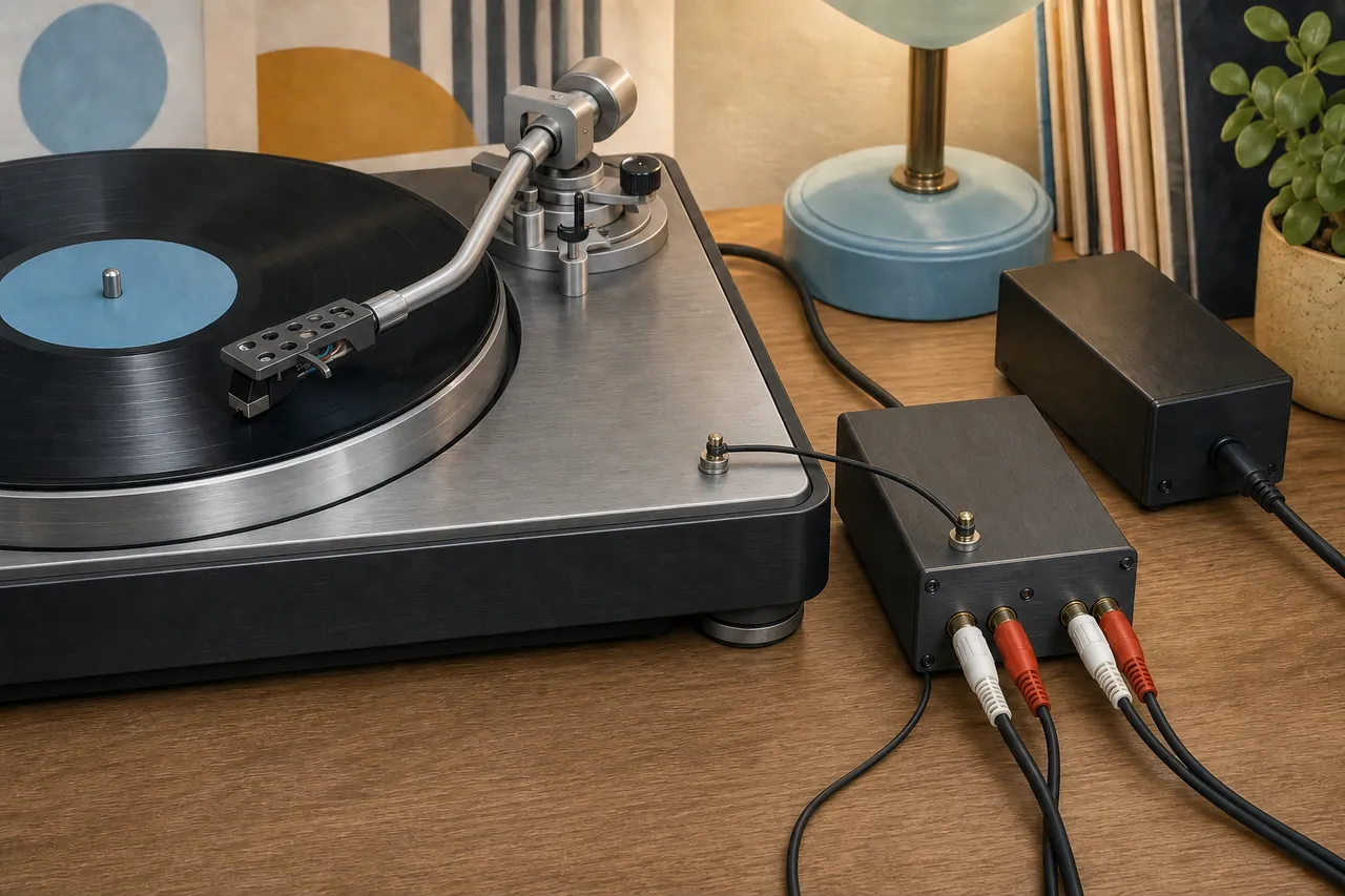 AI-generated generic turntable connected to an unbranded phono preamp with RCA cables and a ground lead
