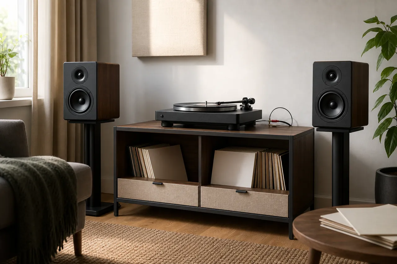 Generic unbranded turntable between two powered bookshelf speakers in a home listening space