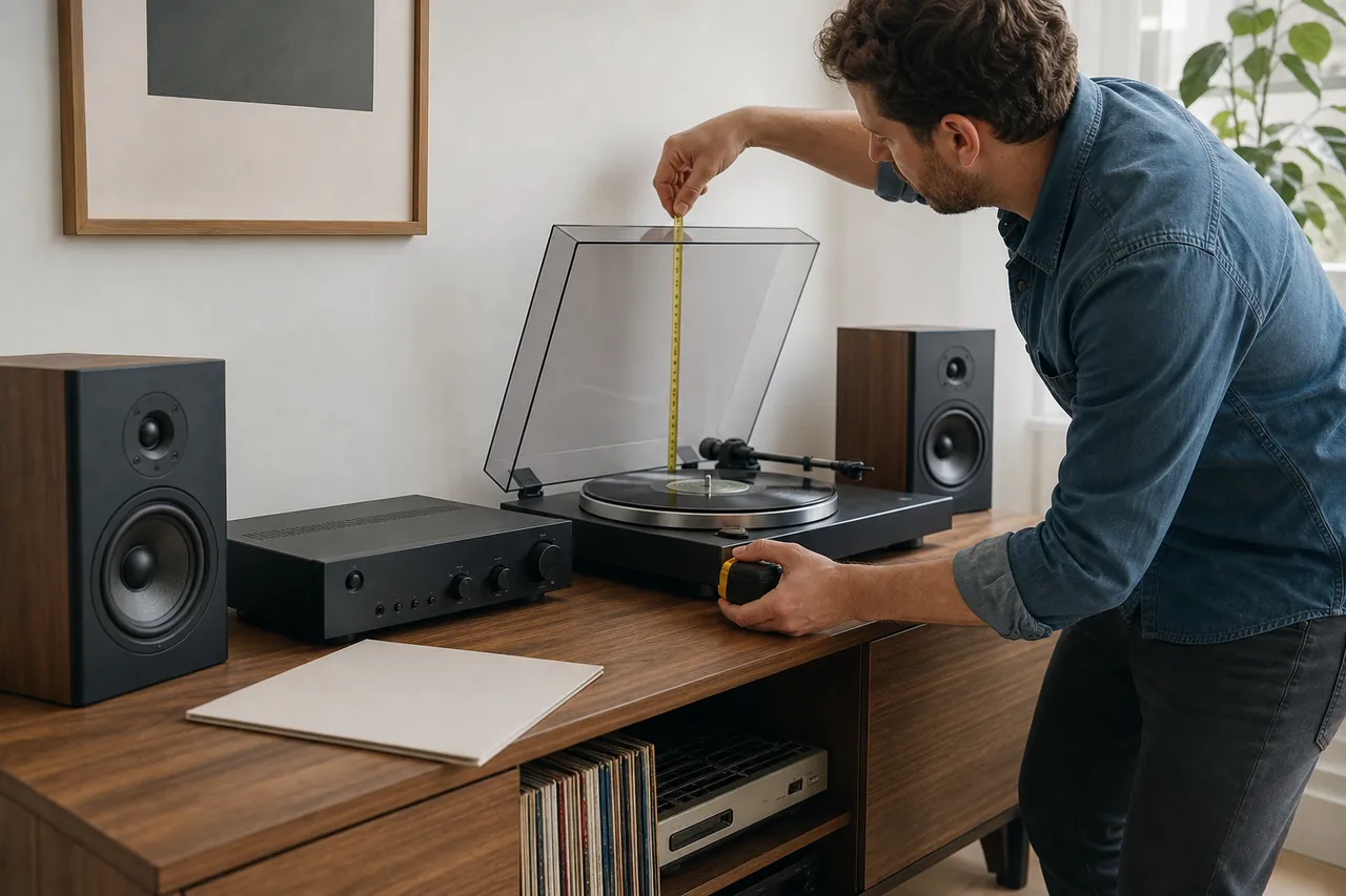 Record buyer measuring lid-open clearance around a generic unbranded turntable