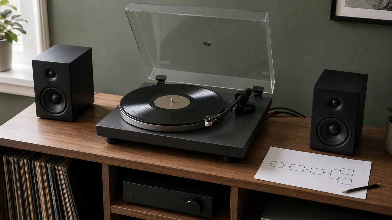 Generic turntable and two compact speakers on a listening shelf beside an unlabeled signal-chain sketch