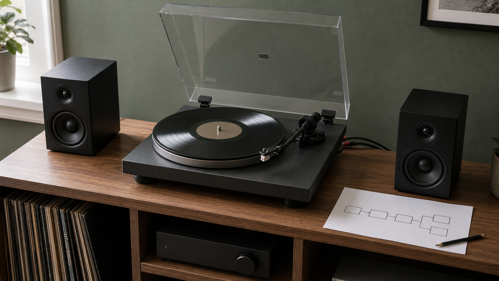 Generic turntable and two compact speakers on a listening shelf beside an unlabeled signal-chain sketch
