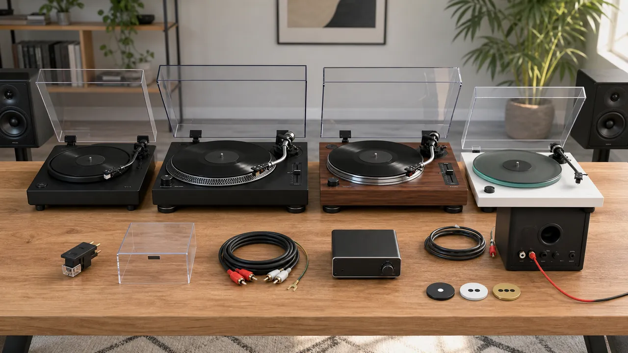 Generic turntables beside cartridges, dust covers, RCA and ground cables, a phono stage and active speaker