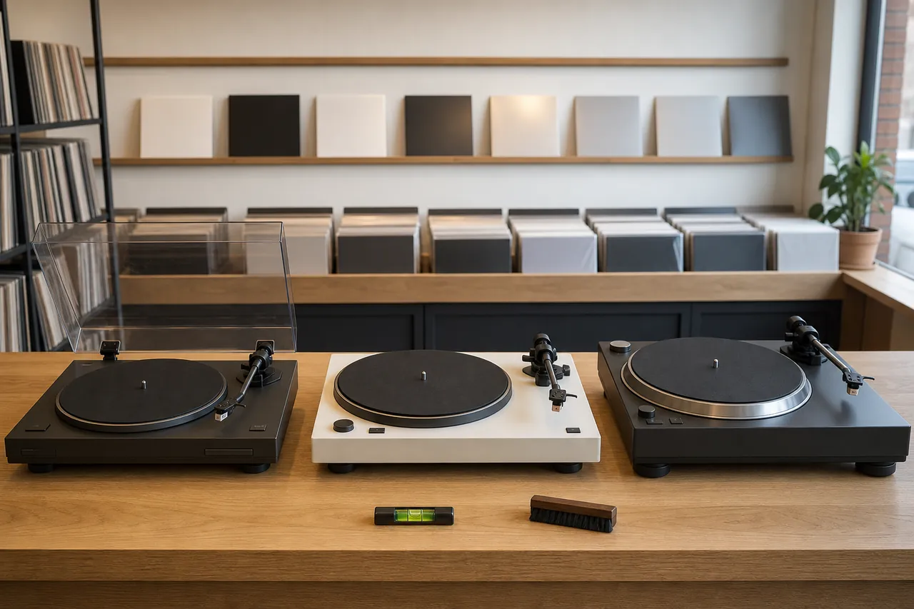 Unbranded turntables arranged on an audio shop audition counter