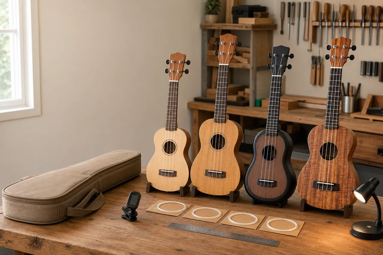 Four generic unbranded ukuleles arranged for a size and construction comparison