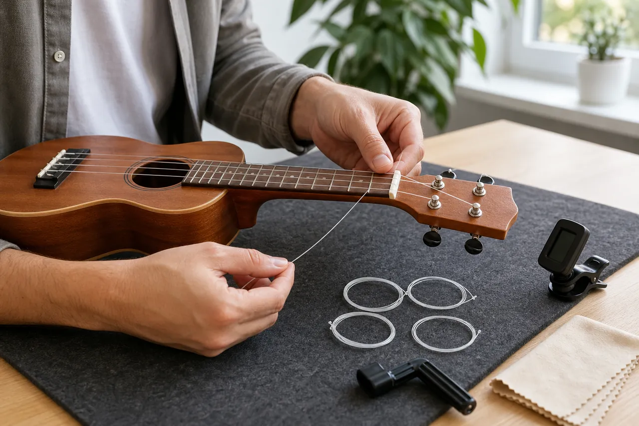 Player installing unbranded strings on a generic ukulele at a work mat