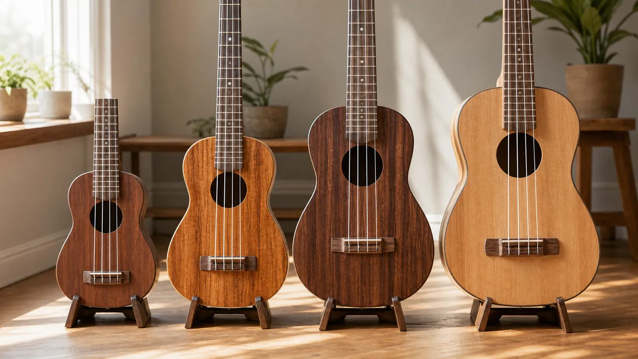 Four generic wooden ukuleles of increasing size on plain stands