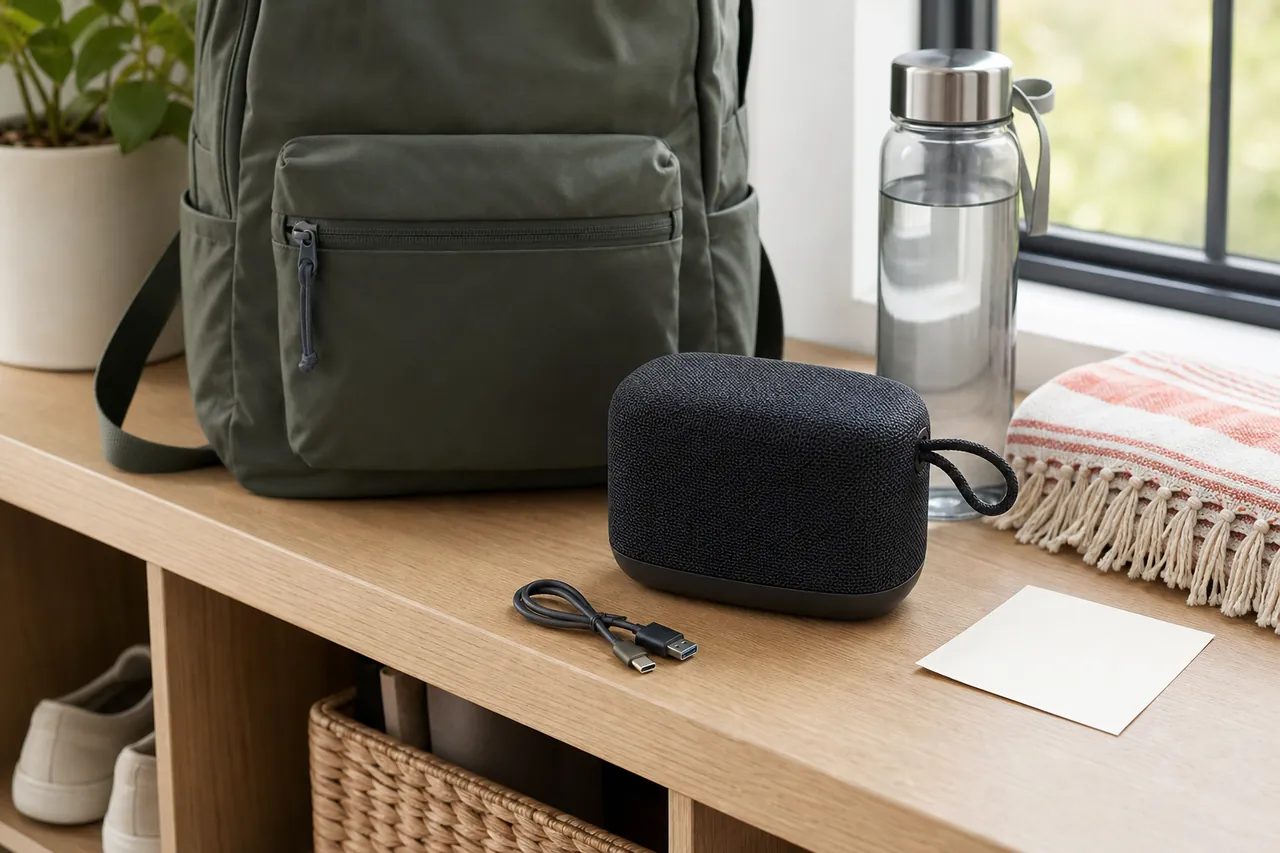 A generic unbranded portable speaker beside a backpack, dry charging cable, bottle and picnic cloth