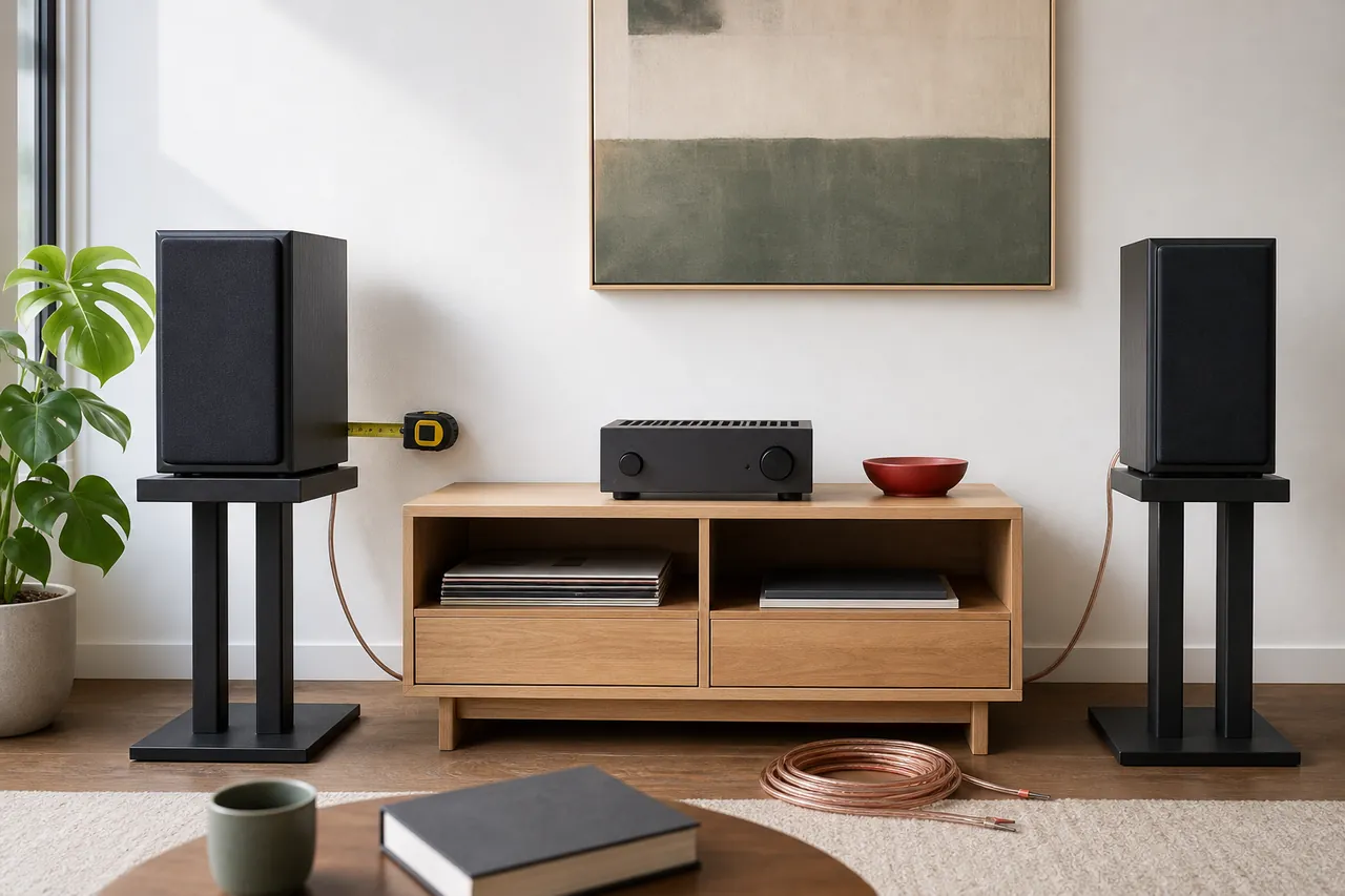 Two generic bookshelf speakers on stands beside a plain amplifier, tape measure and speaker cable