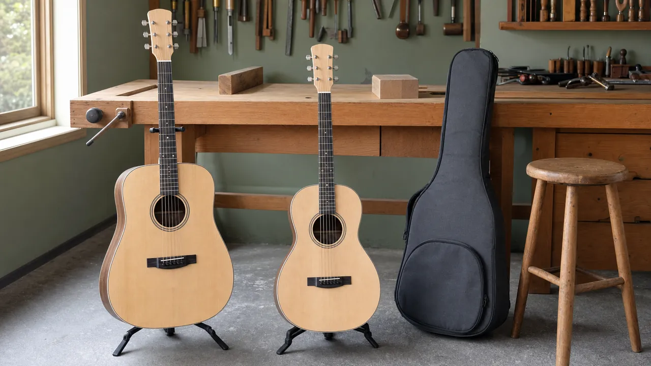 Two generic unbranded acoustic guitars of different sizes in a luthier workshop beside a gig bag