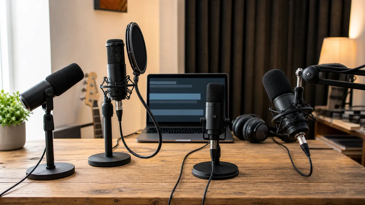 Generic unbranded microphones, headphones and a laptop on a home recording desk