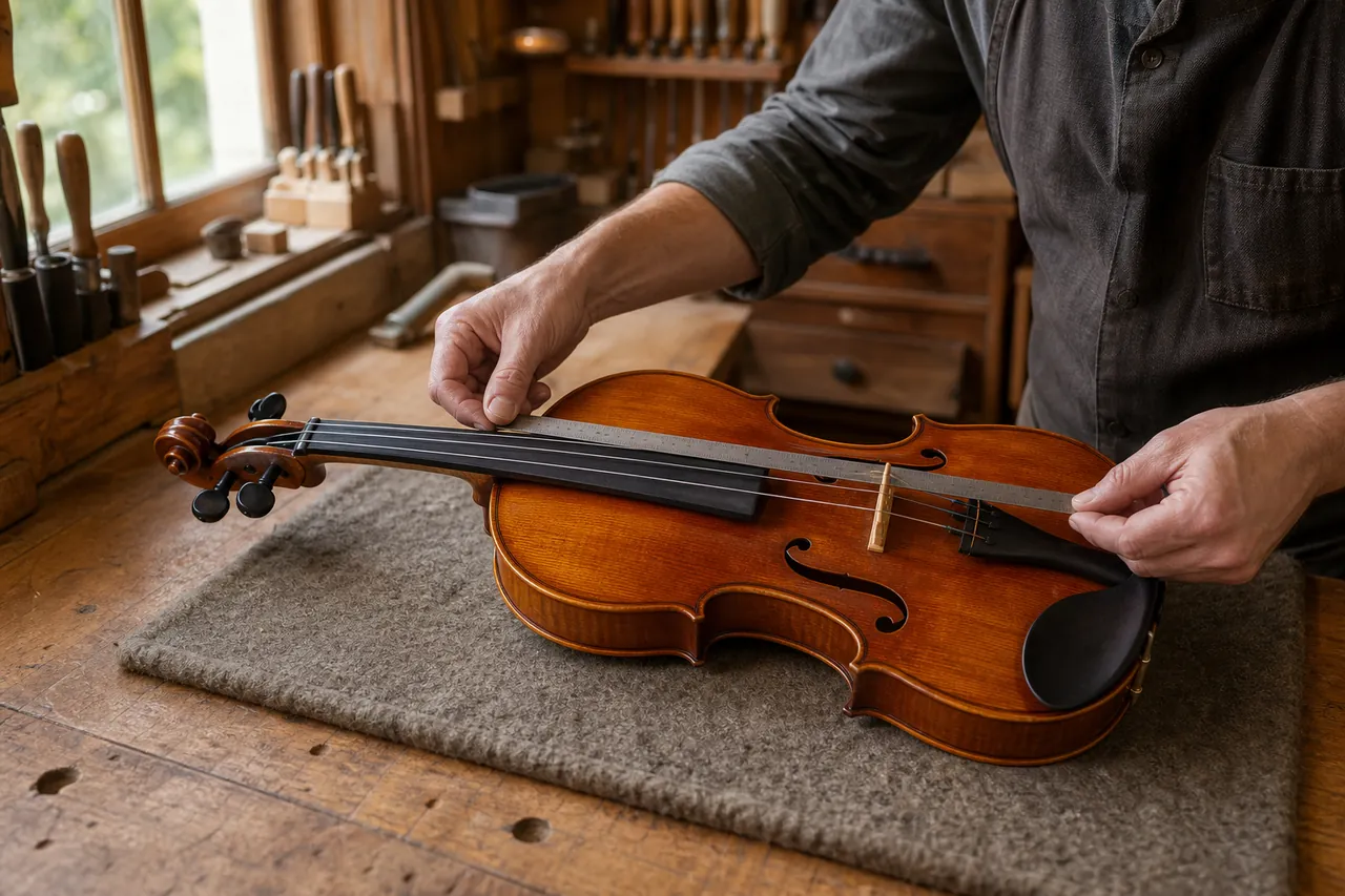 Luthier measuring the vibrating string length of a generic viola on a padded bench