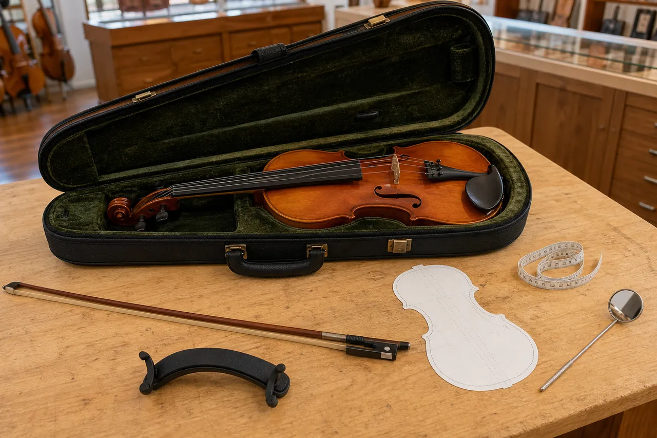 Generic viola fitting case with bow, shoulder rest, measuring tape, body template, and inspection mirror on a shop bench