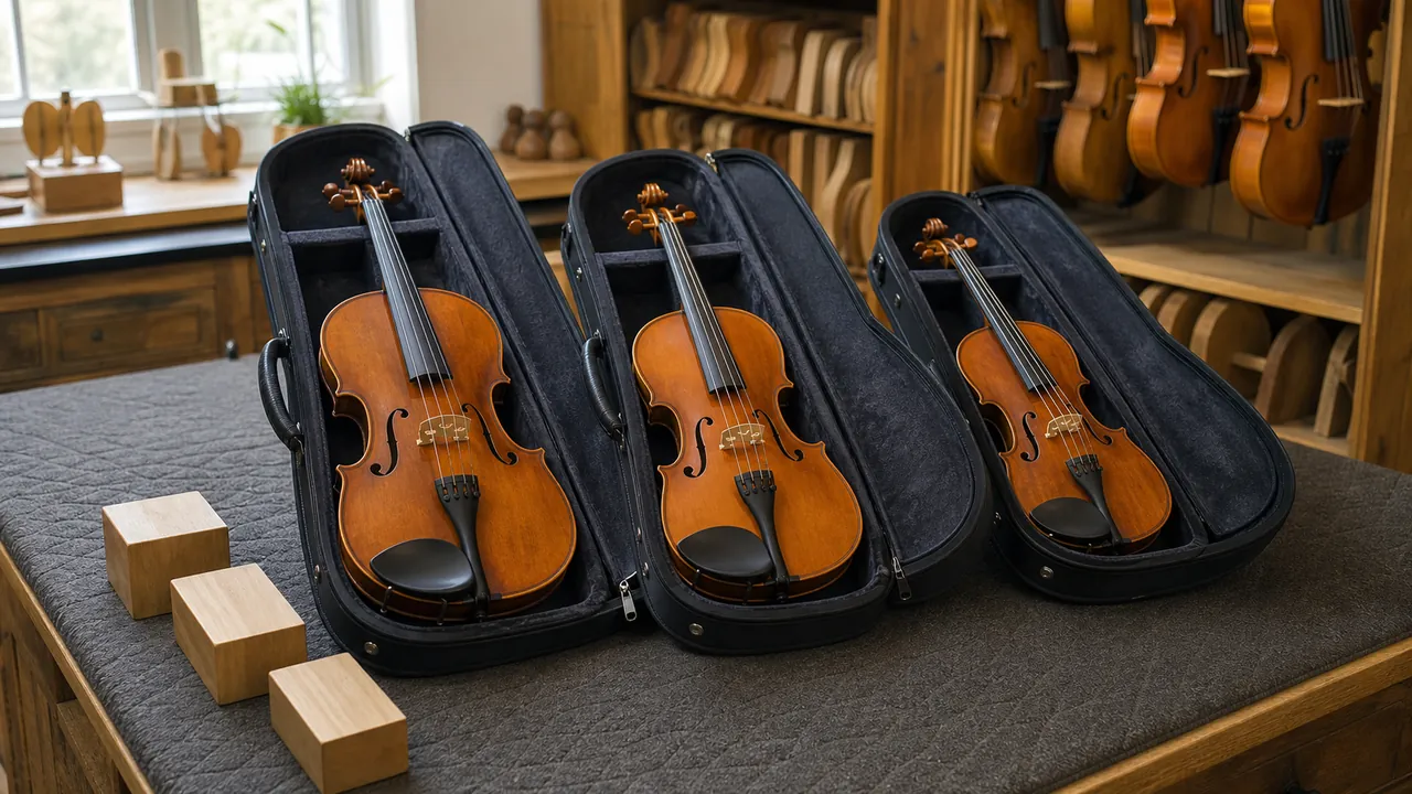 Three unbranded violas of different body lengths in open cases on a string-shop bench