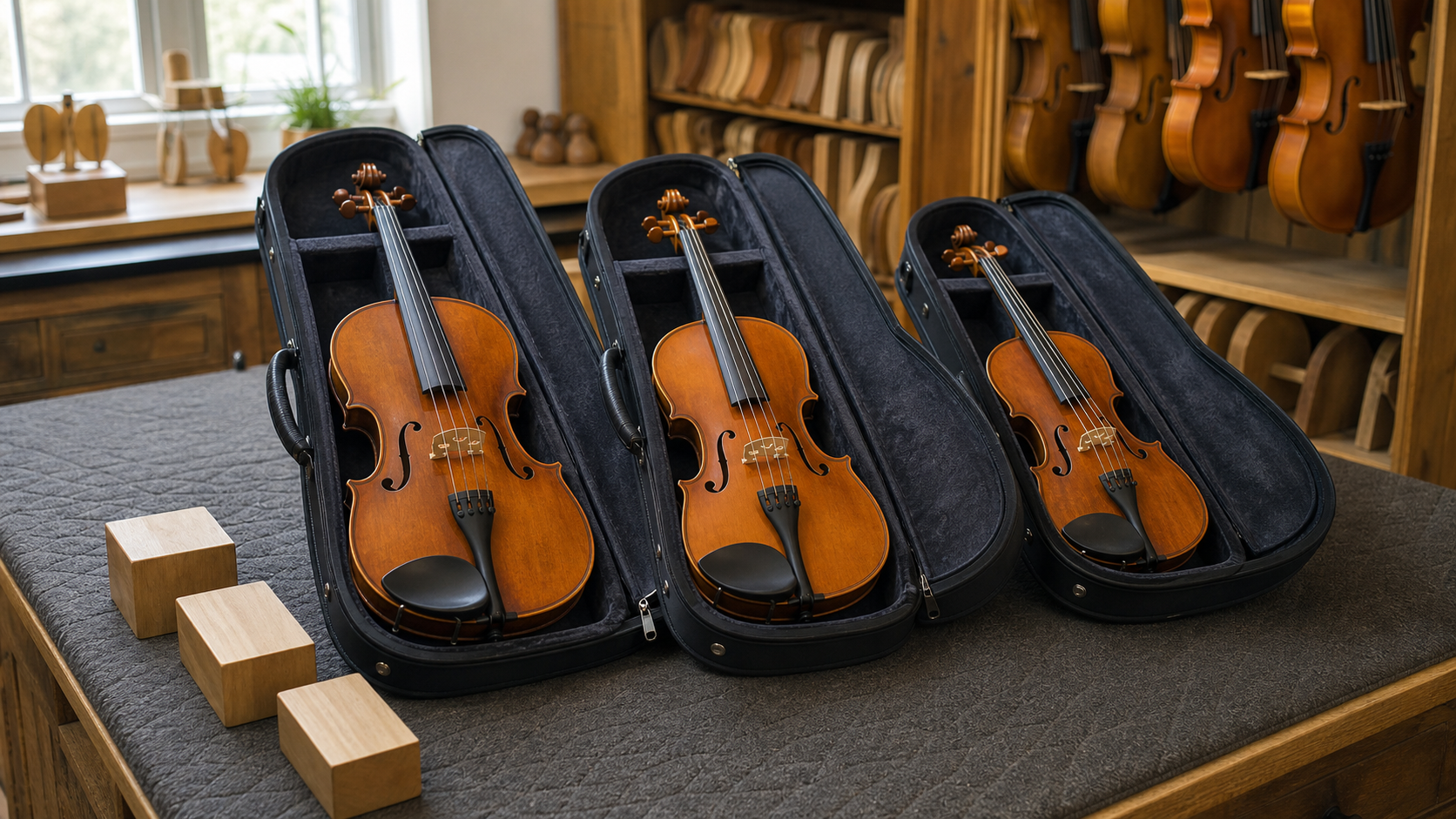 Three unbranded violas of different body lengths in open cases on a string-shop bench