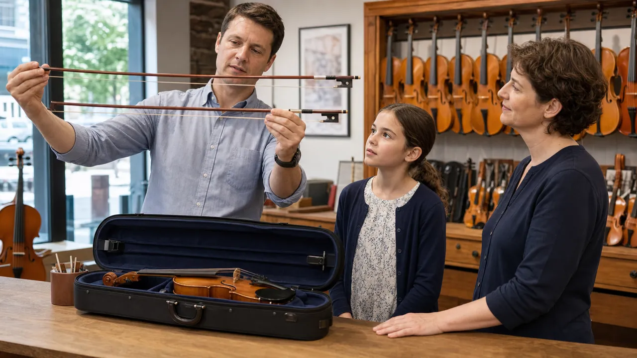 Parent and student watch a string-shop specialist compare two unbranded violin bows beside an open violin case.