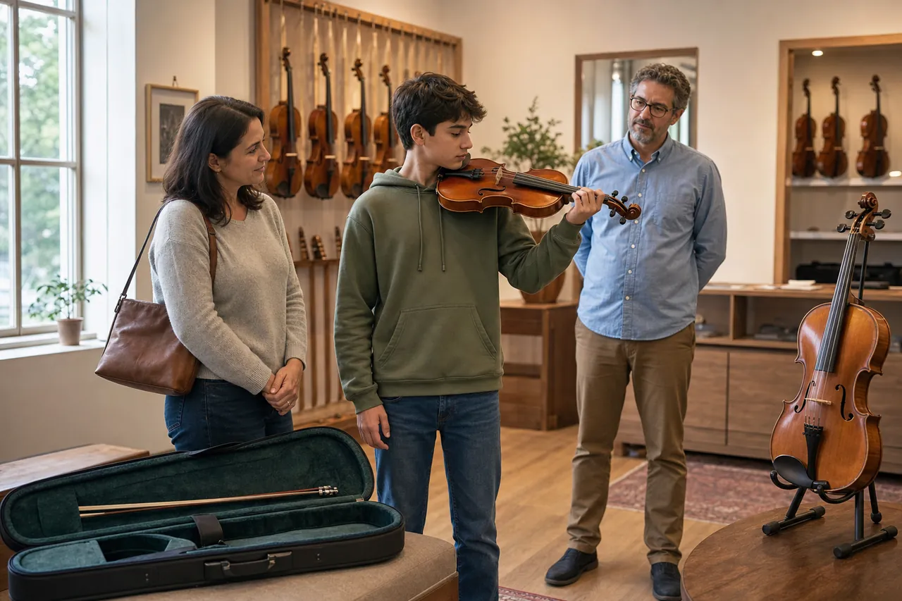 A parent and teenage student compare the fit of an unbranded violin with a shop specialist