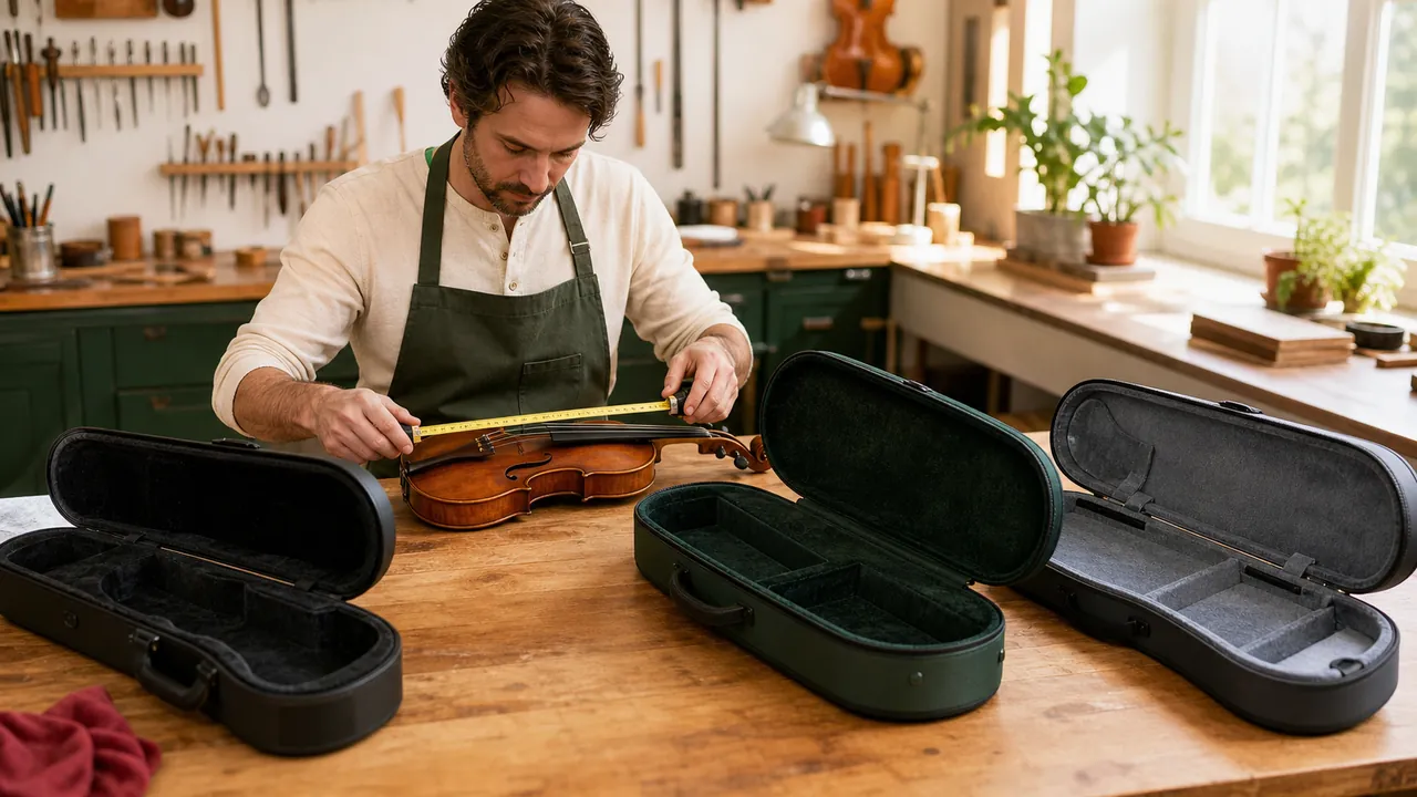 A violinist measures a generic full-size violin beside three unbranded shaped and oblong cases.
