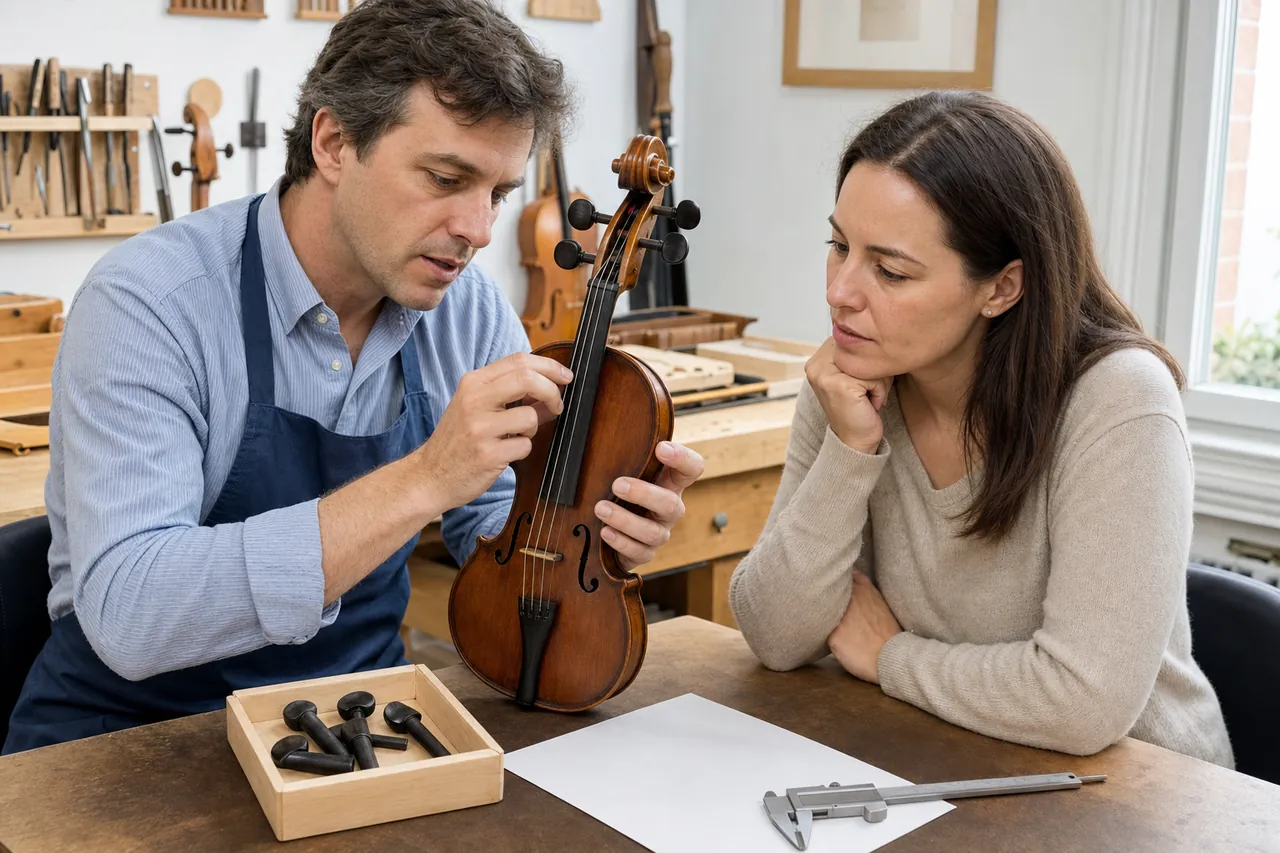 A violin technician and parent discussing peg fit beside an unbranded violin