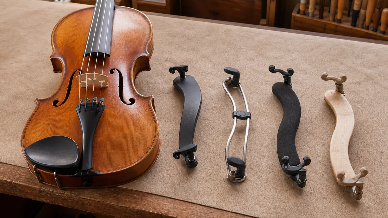 Four generic violin shoulder rests beside the lower body of an unbranded violin on a padded bench