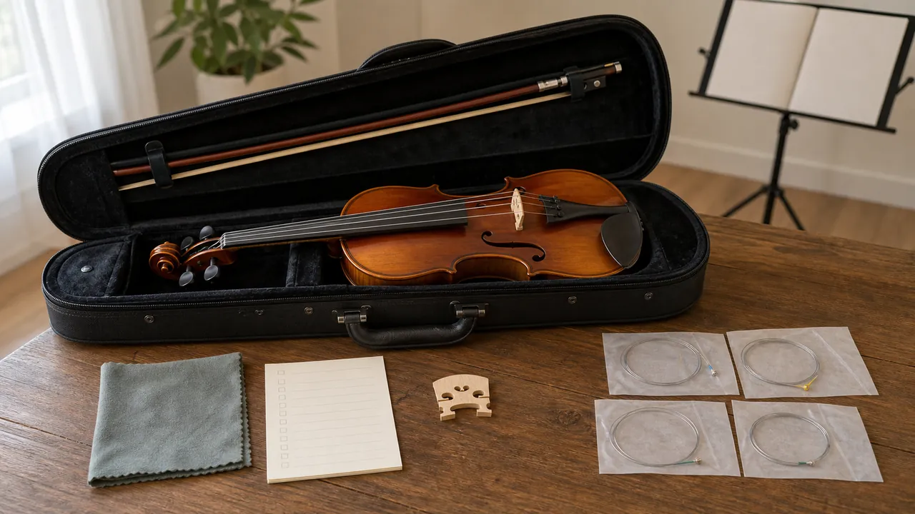 A generic four-string violin in an open case beside four unbranded coiled replacement strings
