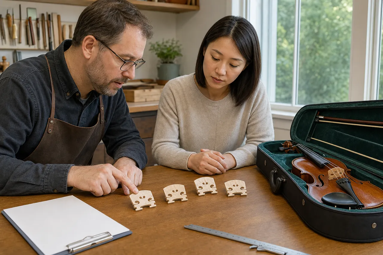 A violin owner and luthier comparing unbranded maple bridge blanks at a workshop table
