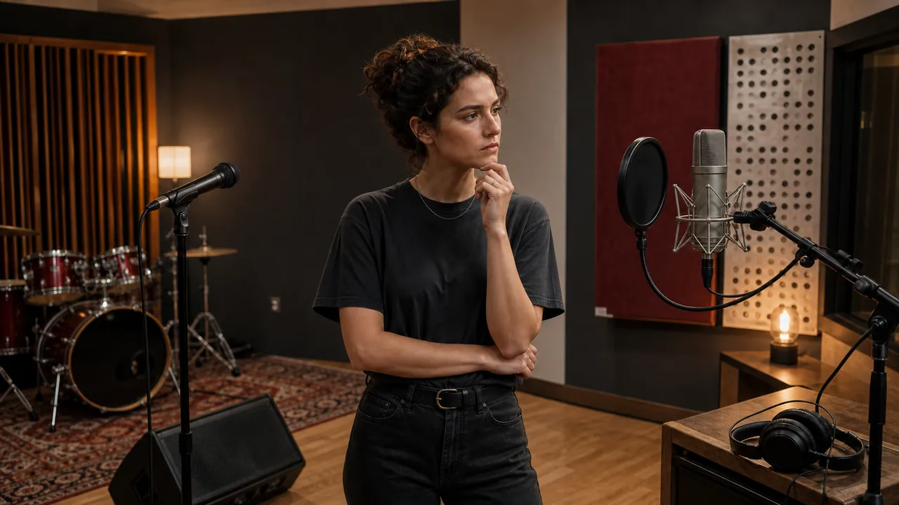 Singer choosing between generic unbranded live and studio microphone setups