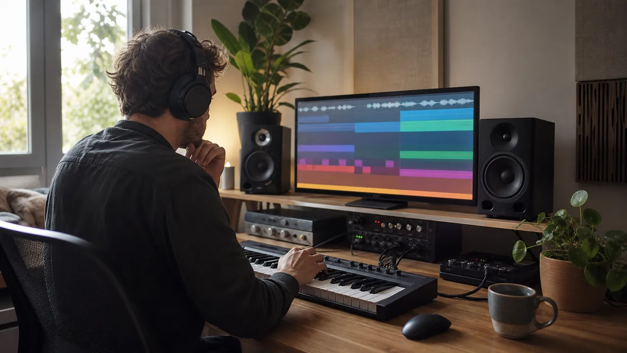 Producer in an unbranded home studio facing abstract audio tracks on a screen