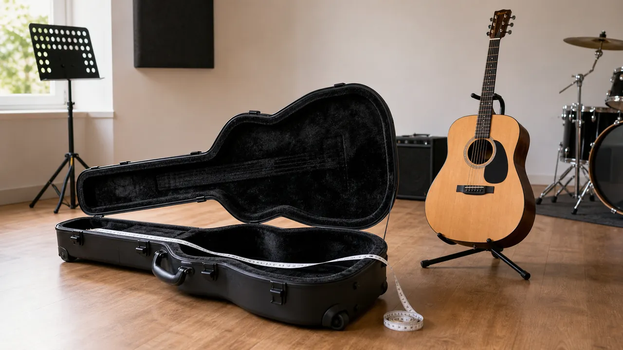 An open generic hard guitar case with a measuring tape beside an acoustic guitar in a rehearsal room