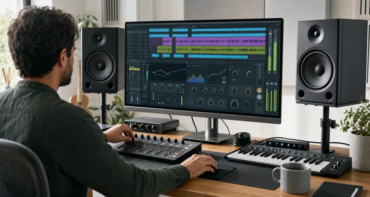 Audio editor comparing generic unbranded signal-processing controls in a project studio