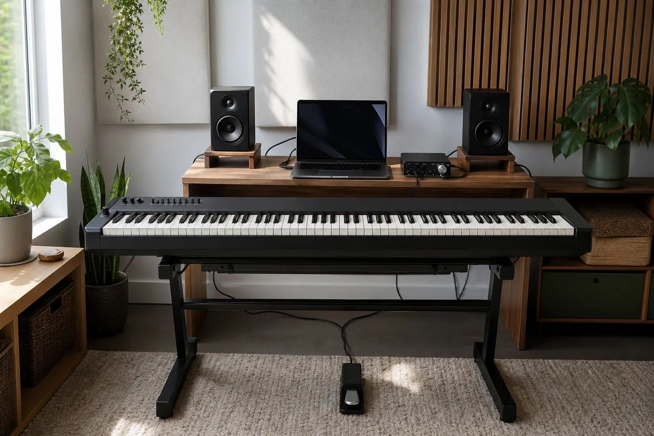 Generic unbranded 88-key controller in a compact music workspace