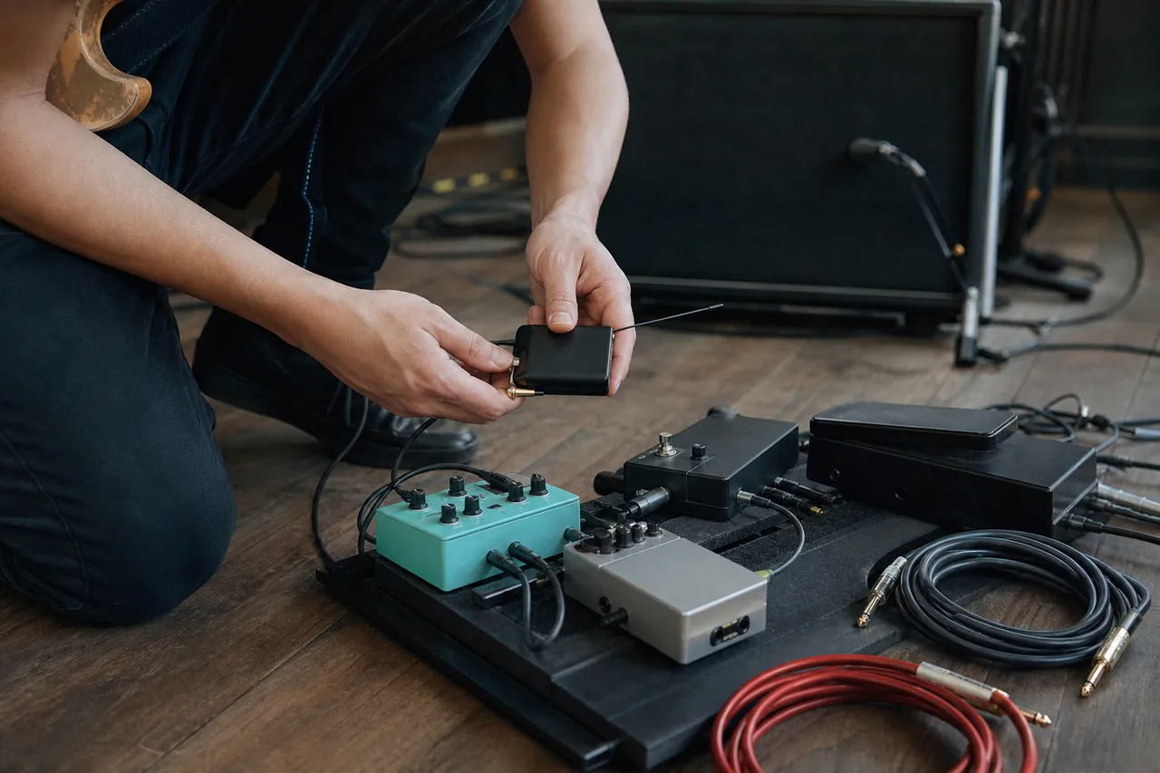 Generic guitarist checking an unbranded wireless transmitter and pedal receiver