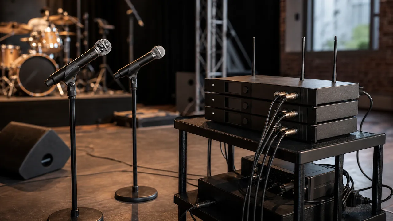 Generic unbranded wireless microphones and receiver racks in a rehearsal venue.