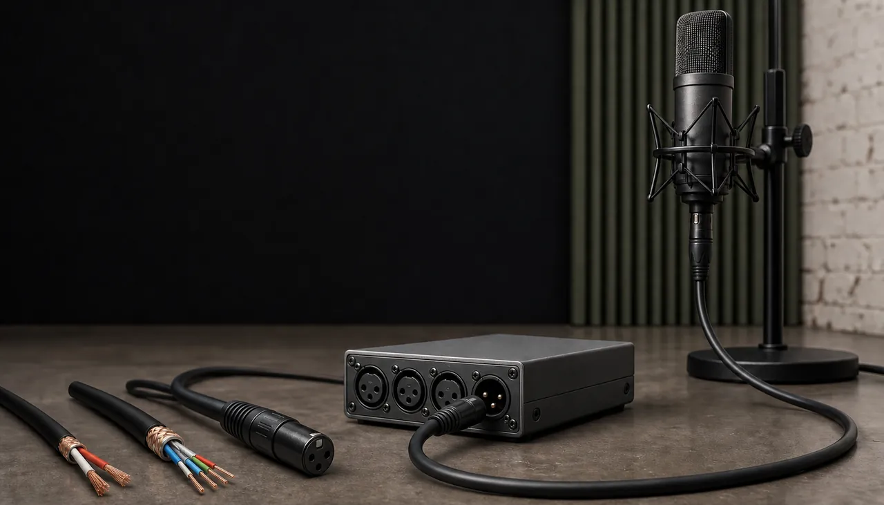 Unbranded microphone, XLR cable and conductor cutaways in a studio