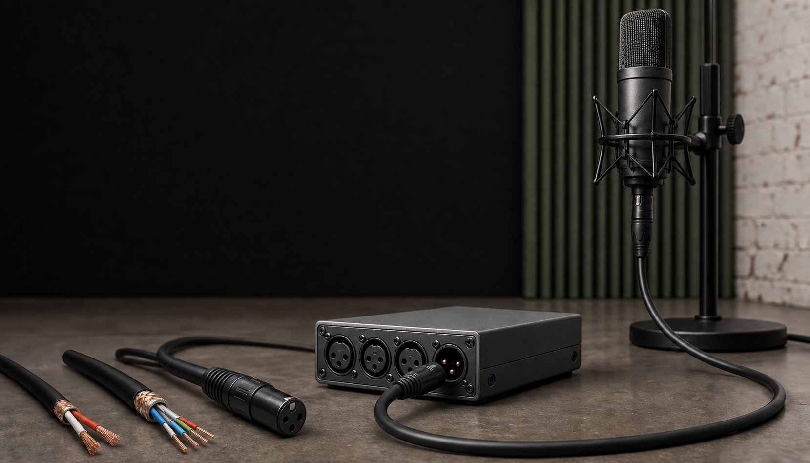 Unbranded microphone, XLR cable and conductor cutaways in a studio