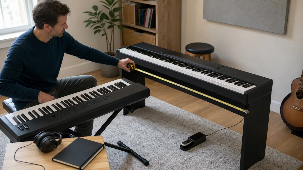 A buyer measures the setup space between two generic digital keyboards in a home music room.