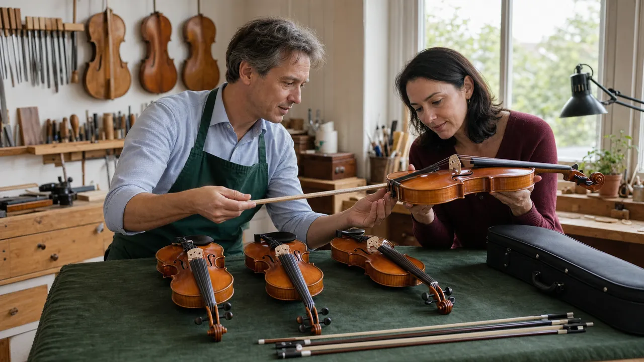 Two adults comparing generic violins of several sizes at a string-instrument workbench