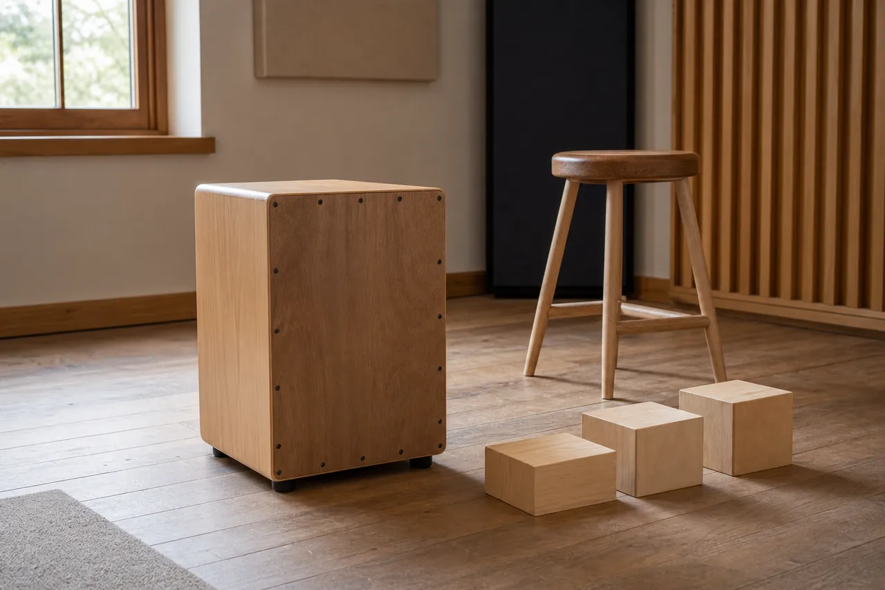 Generic unbranded cajon beside a stool and plain height blocks in an acoustic rehearsal room