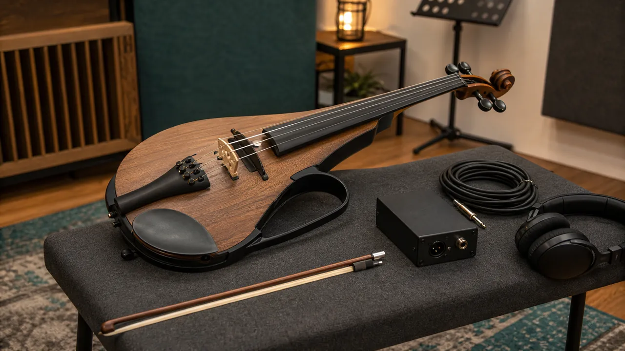 A generic solid-body electric viola beside a bow, cable, preamp box and headphones in a rehearsal room