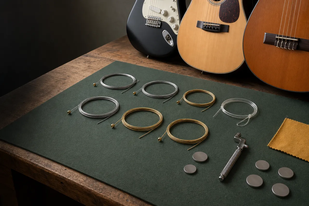 Unbranded guitar-string loops arranged beside plain gauge tokens and a winding tool
