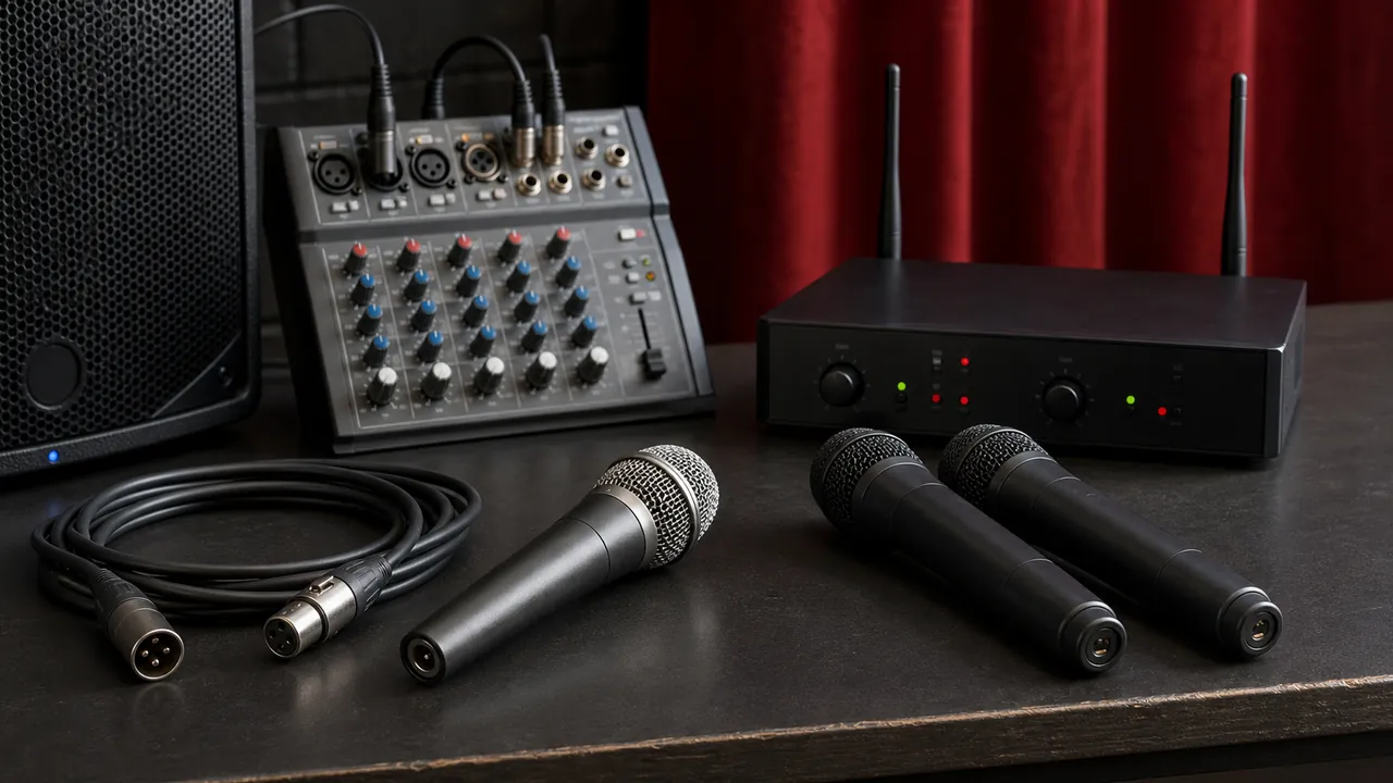 Generic wired and wireless vocal microphones beside a dual receiver, mixer and speaker