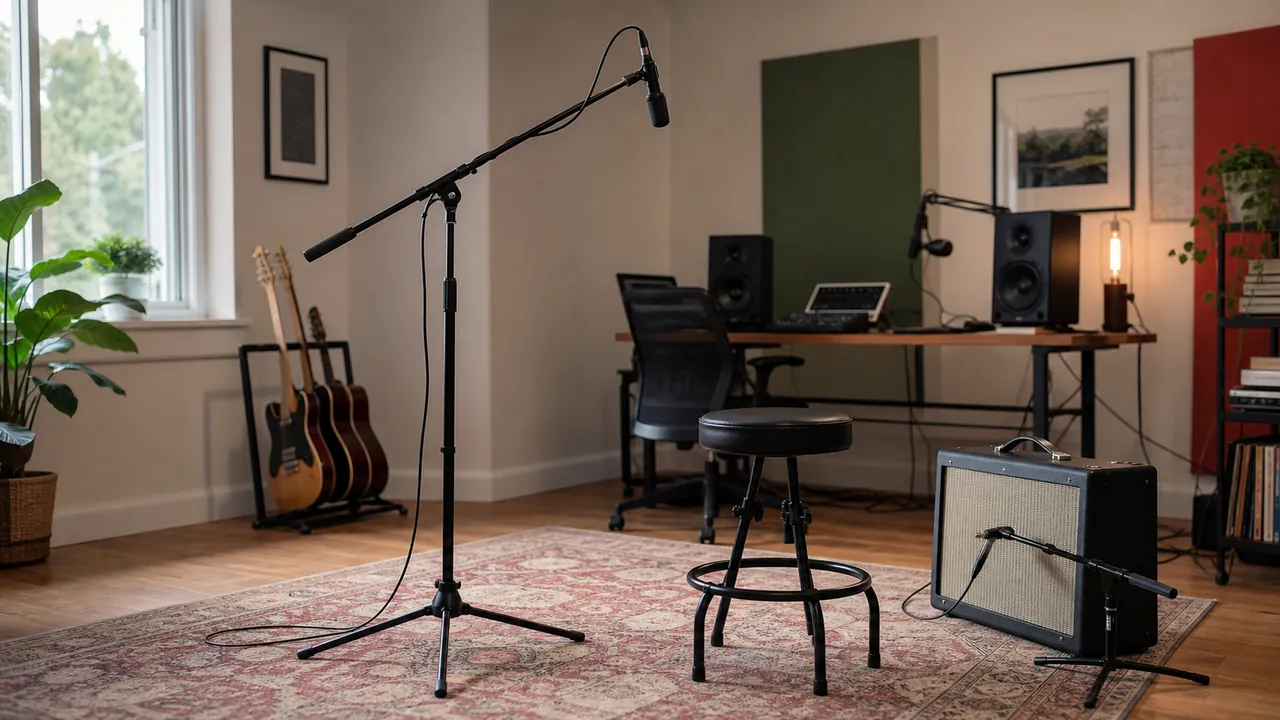 A generic recording room with an unbranded tripod microphone boom, low instrument stand and desk arm