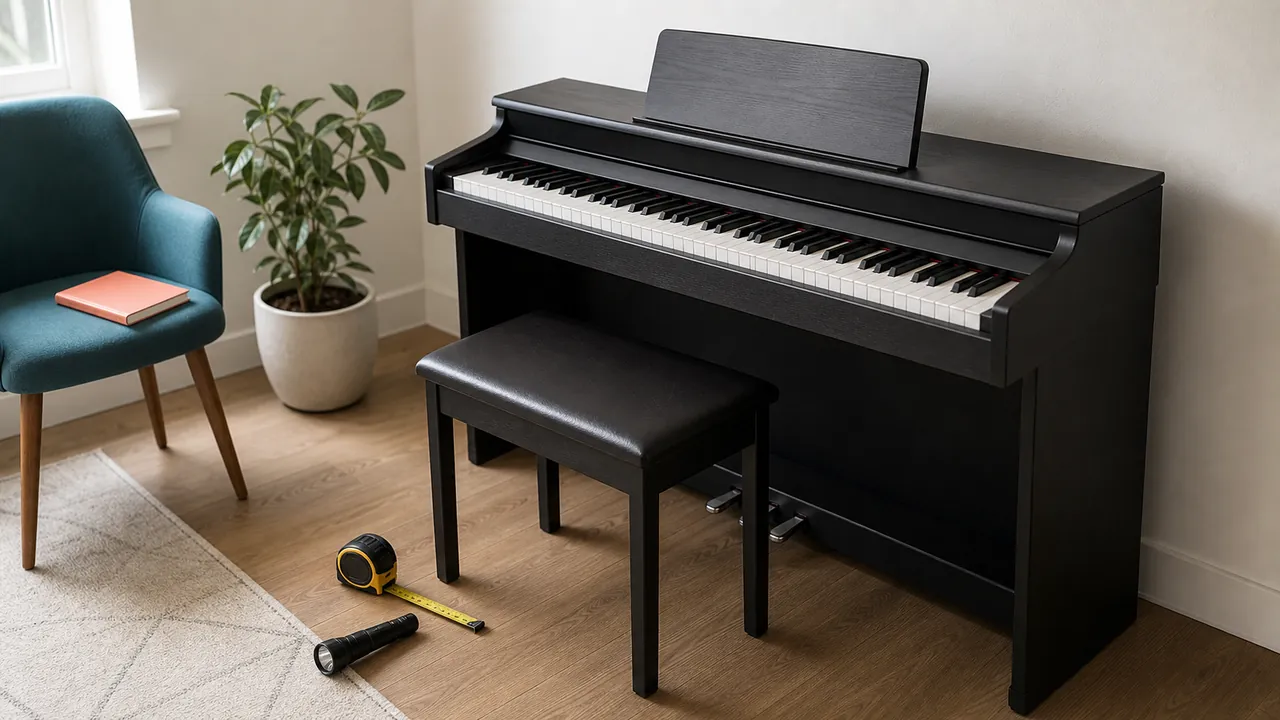 A generic compact cabinet digital piano with a measuring tape and flashlight prepared for inspection.