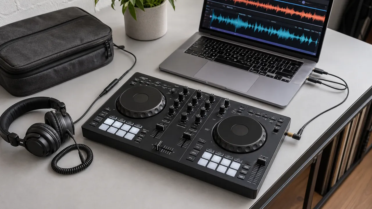 A generic unbranded compact DJ controller beside a laptop, headphones and travel pouch