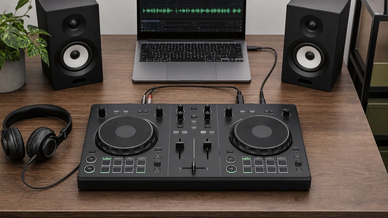 A generic two-channel DJ controller connected to a laptop, headphones and monitor speakers