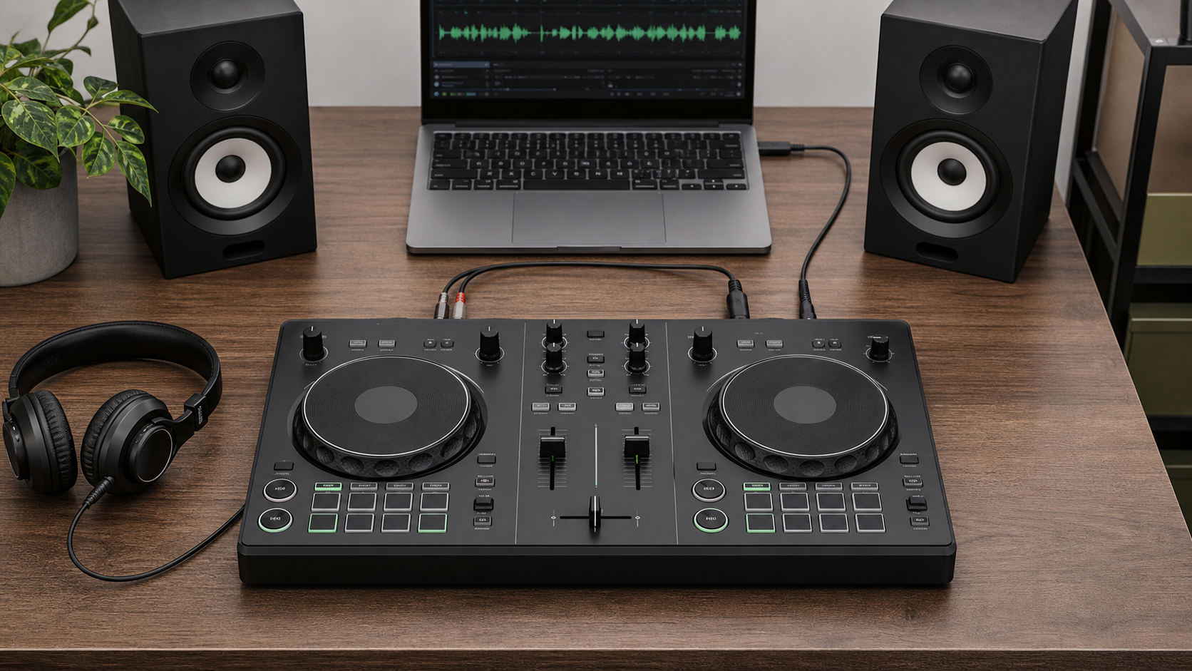 A generic two-channel DJ controller connected to a laptop, headphones and monitor speakers