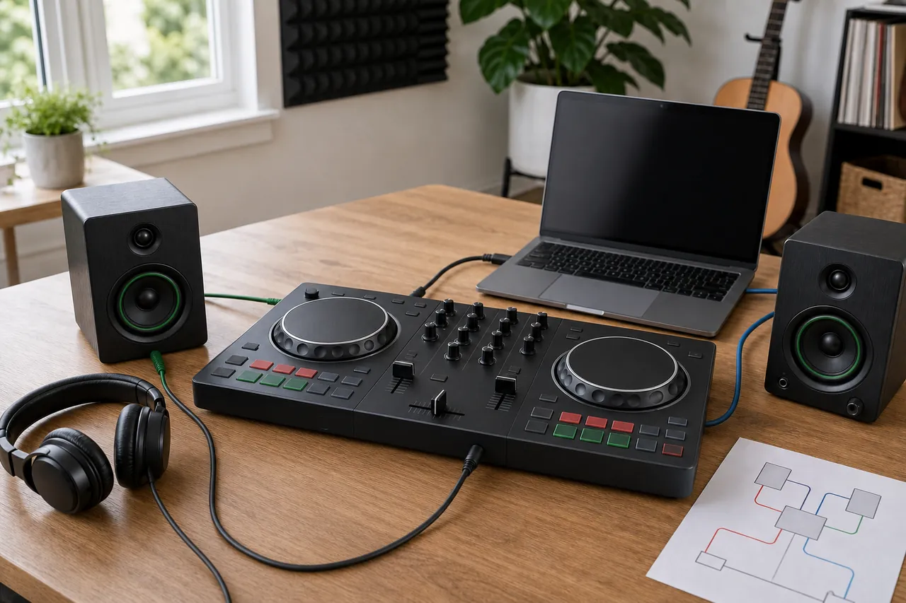 Generic compact DJ controller connected by visible cables to a laptop, headphones and powered speakers