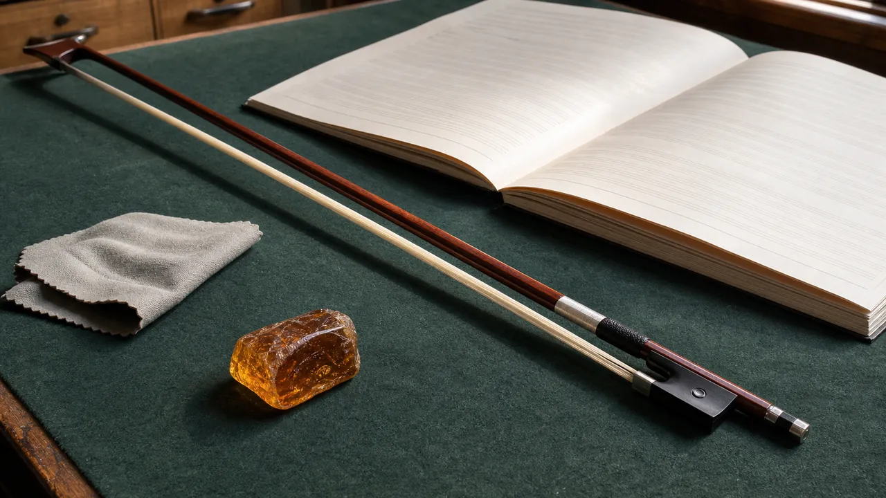 An unbranded violin bow resting beside sheet music and a cleaning cloth