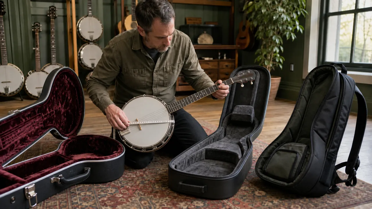 A musician measures a generic four-string banjo beside a hard case, a hybrid case, and a padded bag.