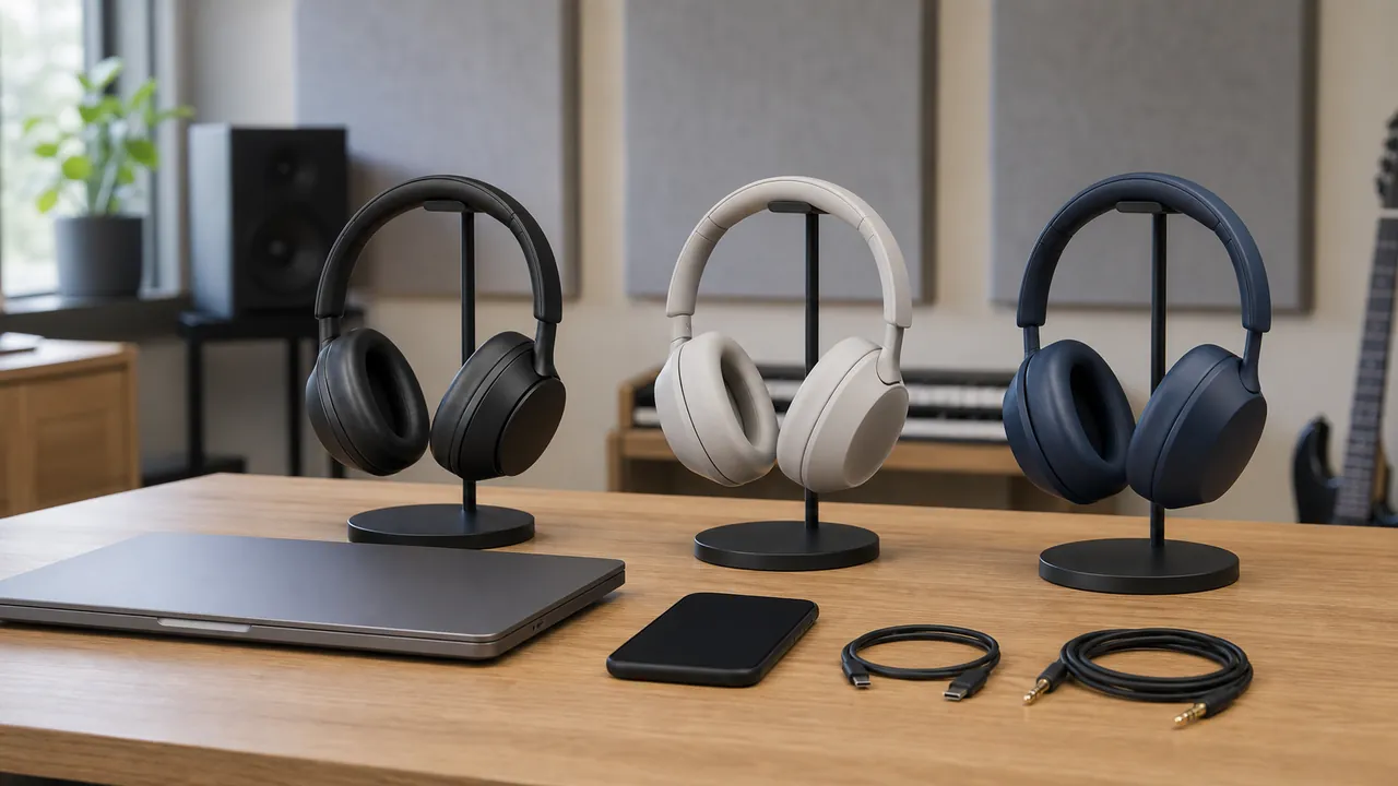 Three generic wireless over-ear headphones beside a laptop, phone and audio cables