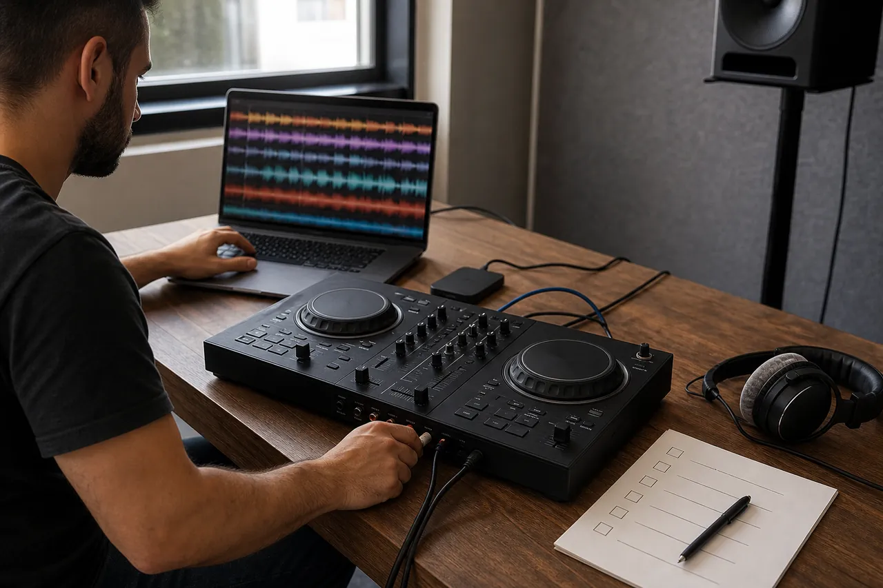 DJ preparing music on a generic laptop and unbranded two-deck controller beside a blank checklist